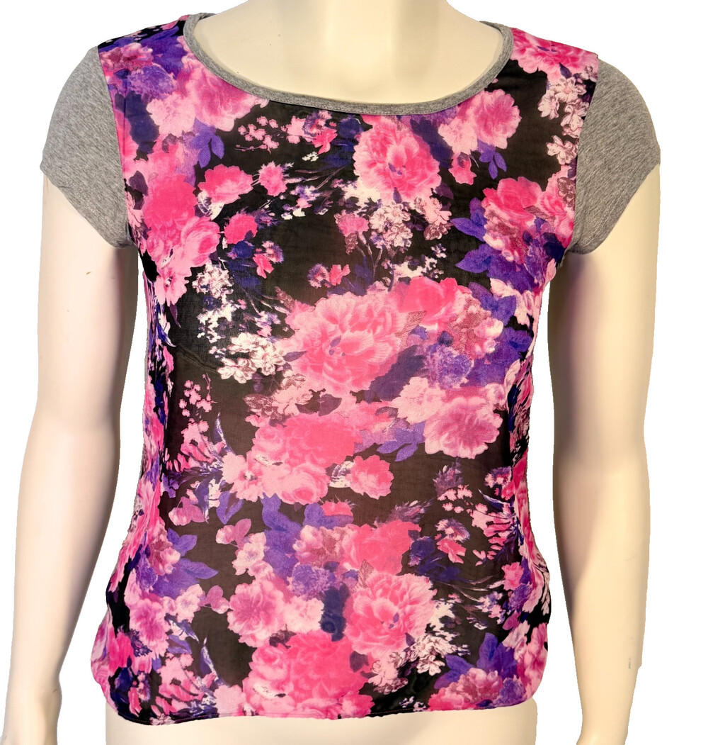 Arkitect Floral Front Tee Shirt Women's S Purple Pink Chiffon Front Stretch Back